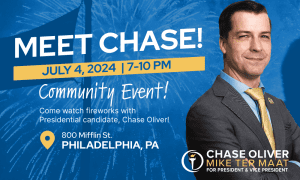 An event graphic with a photo of Chase Oliver